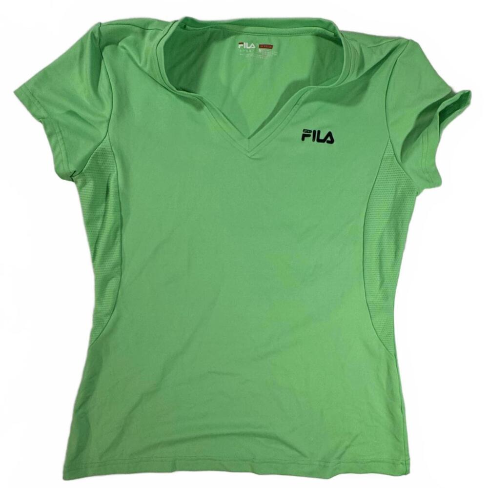 FILA T-shirt Women's Medium Sport Performance‎ Bright Green V-Neck Short Sleeve